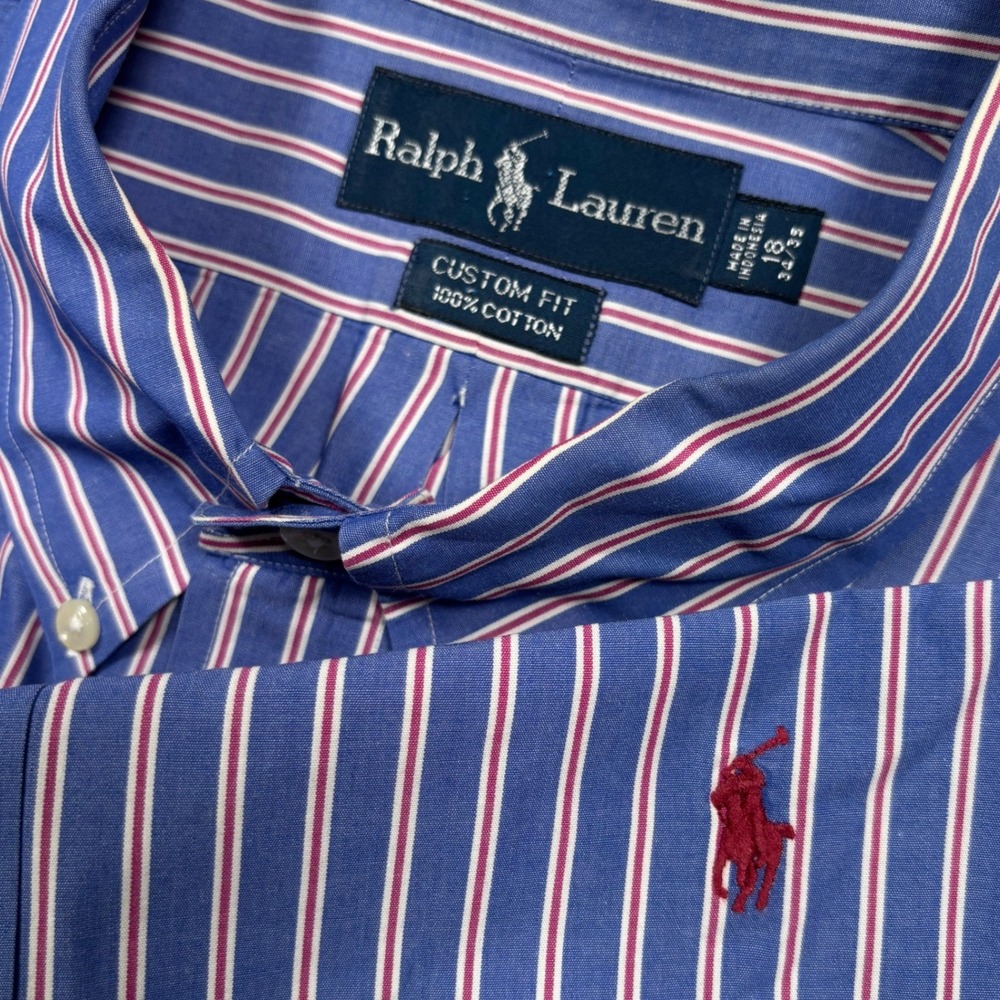 Ralph Lauren Button Down Men 2XL 18 34/35 Blue Red Striped Classic Preppy Oxford
